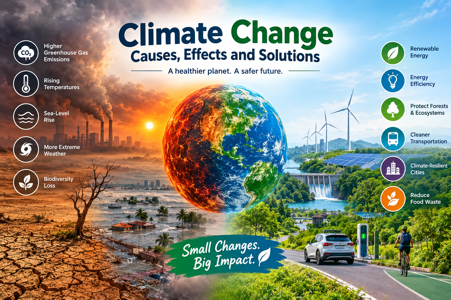 Climate change causes, effects and solutions illustrated with a split Earth showing pollution, rising temperatures, sea-level rise, and renewable energy, forests, and sustainable cities.